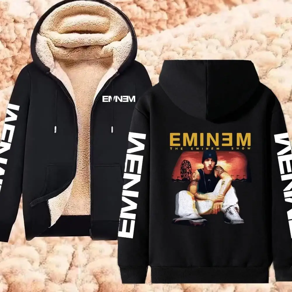 Rapper Eminem Print Hoodies Winter Lambswool Streetwear Zipper Sweatshirts Harajuku Y2K Warm Hoodie Men Women Warm Casual Jacket