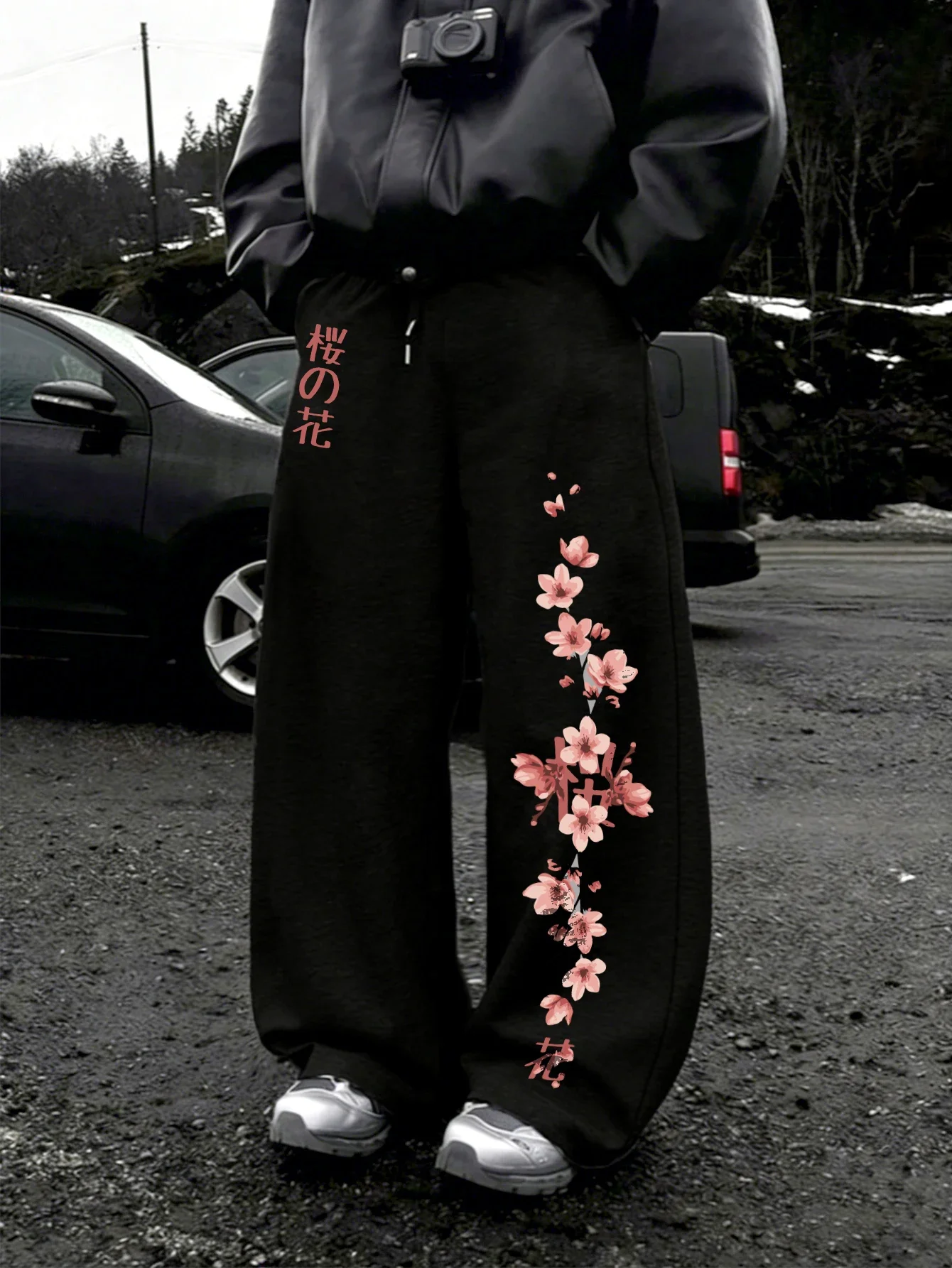 BestsellerJapanese Sakura Cherry Blossom Kanji Print Men Baggy Wide Leg Sweat Pants Loose Straight Drawstring AsianStreet Jogger