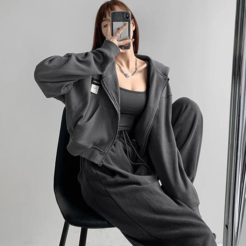 Rimocy Streetwear Y2K Sexy Cropped Hoodies Women Autumn Hooded Short Sweatshirt Woman Korean Long Sleeve Zipper Up Jacket Mujer