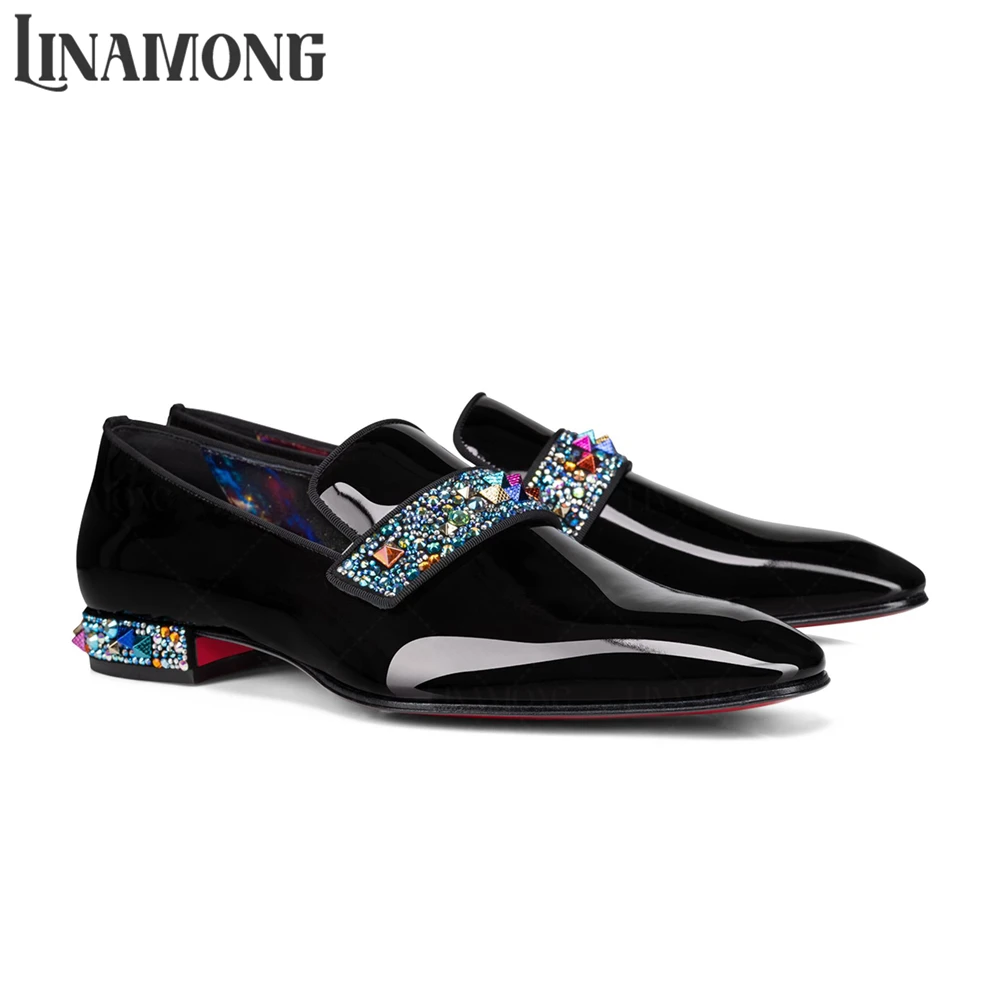 

Luxurious Rhinestone Gemstone Loafers Crystal Band Patent Leather Loafers Classic Almond Toe Fashion Loafers Banquet Dress Shoes
