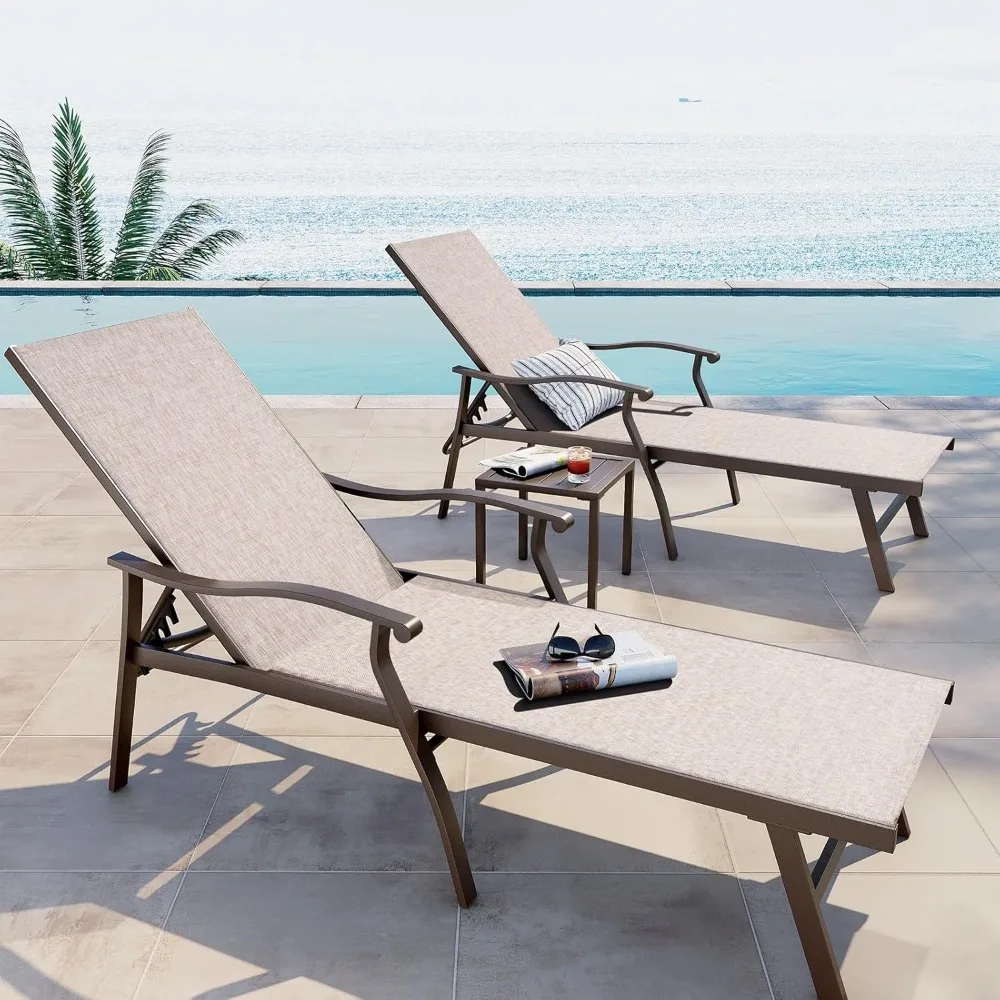 

Aluminum Chaise Lounge Set of 3,Patio Lounge Chairs Five-Position and Full Flat Outdoor Recliner All Weather |