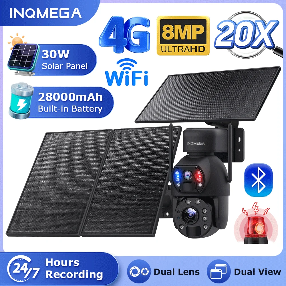 INQMEGA 8MP Solar Powered Camera 4G / WIFI 20X Zoom 30W Solar Outdoor Surveillance Camera Built in Battery 4K SIM Night Vision