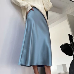 Nuove gonne morbide in raso di seta per le donne gonna a vita alta 2024 donne a-line gonne eleganti gonna Midi blu estiva stile coreano XL