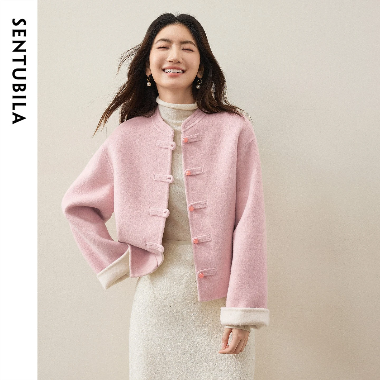 SENTUBILA Women's Woolen Coat Double‑Faced 2026 Winter Reversible Two‑Tone Stand Collar Slim Fit Commuter Outerwear W64OD8098