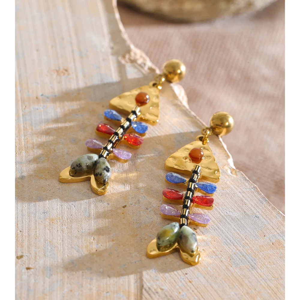 Yhpup Ocean Style Stainless Steel Colorful Zircon Stone Fish Drop Earrings 18K Gold Color PVD Plated Summer Stylish Jewelry