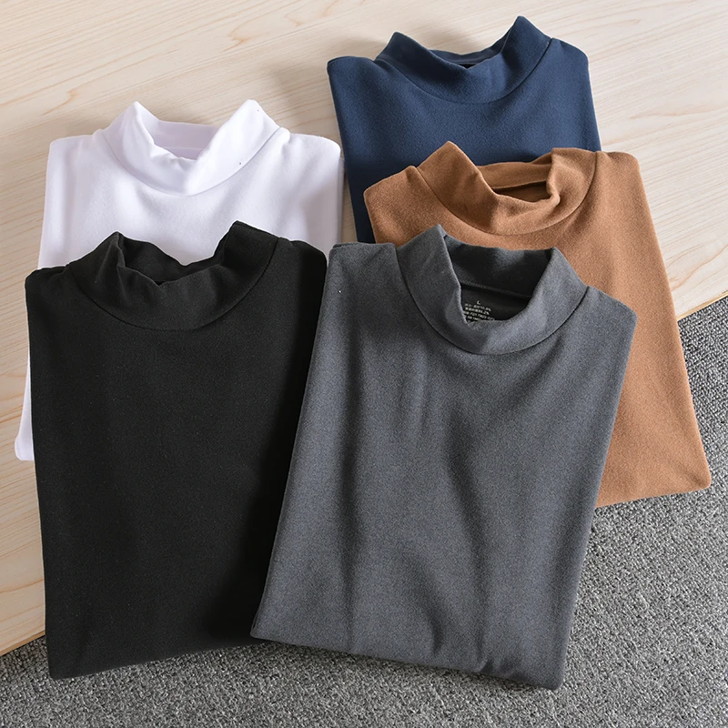 Thickened Double-sided Heating German Velvet Men's Pure Color Half High Collar Long Sleeve Base Shirt Youth Trend Street Style