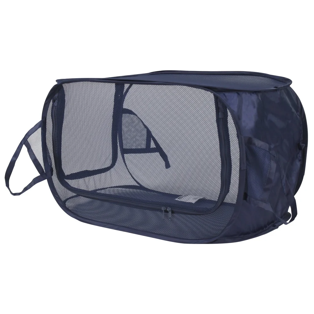 Durable Blue Pop-up Mesh Laundry Hamper with Strong Carry Handles Collapsible Design Easy Storage Holds 2 Loads of Clothes