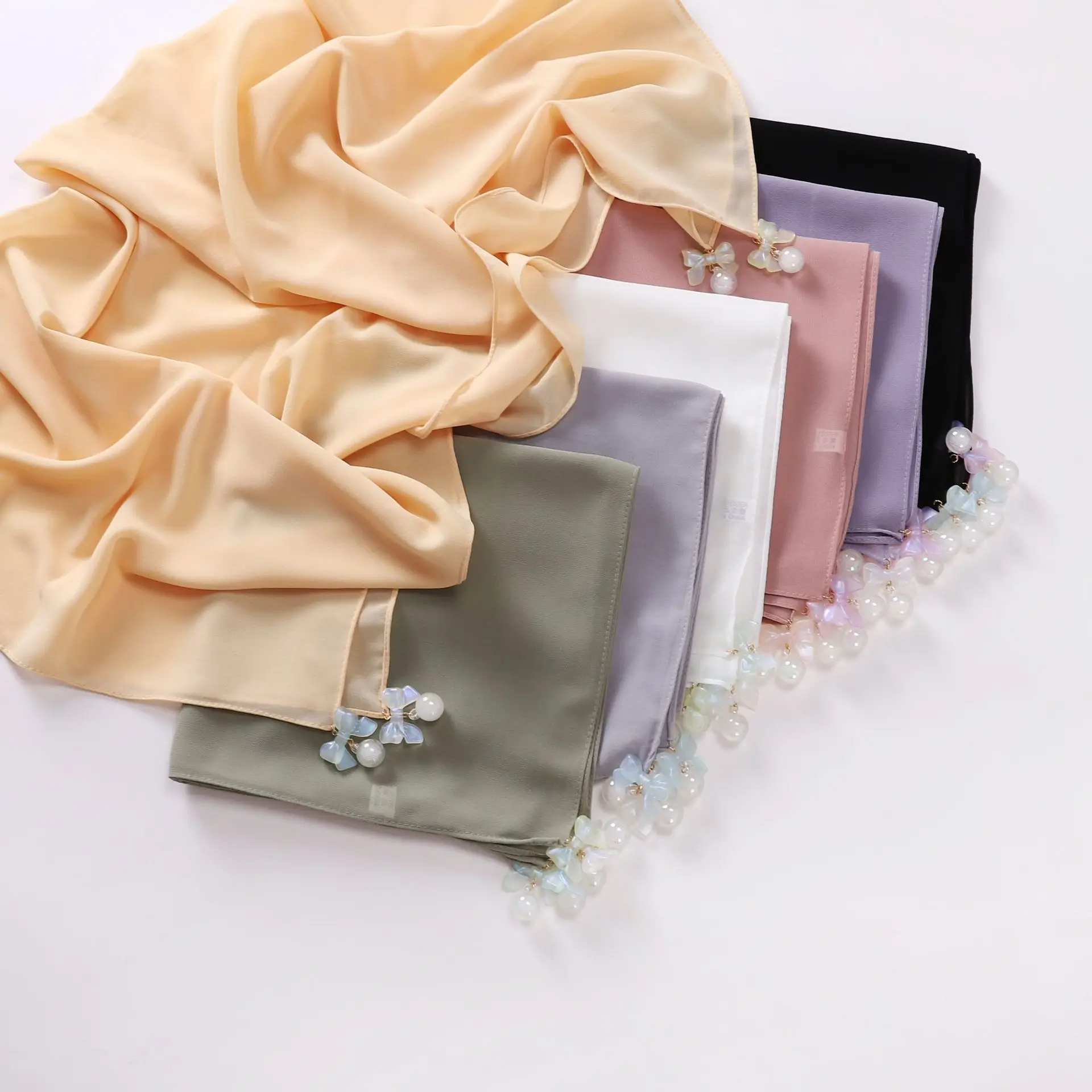 90cm Resin Bow Pearl Chiffon Tudung Hijab Bawal Square Scarf Shawls Muslim Women Turban Hijab With Accessories Islam Femal