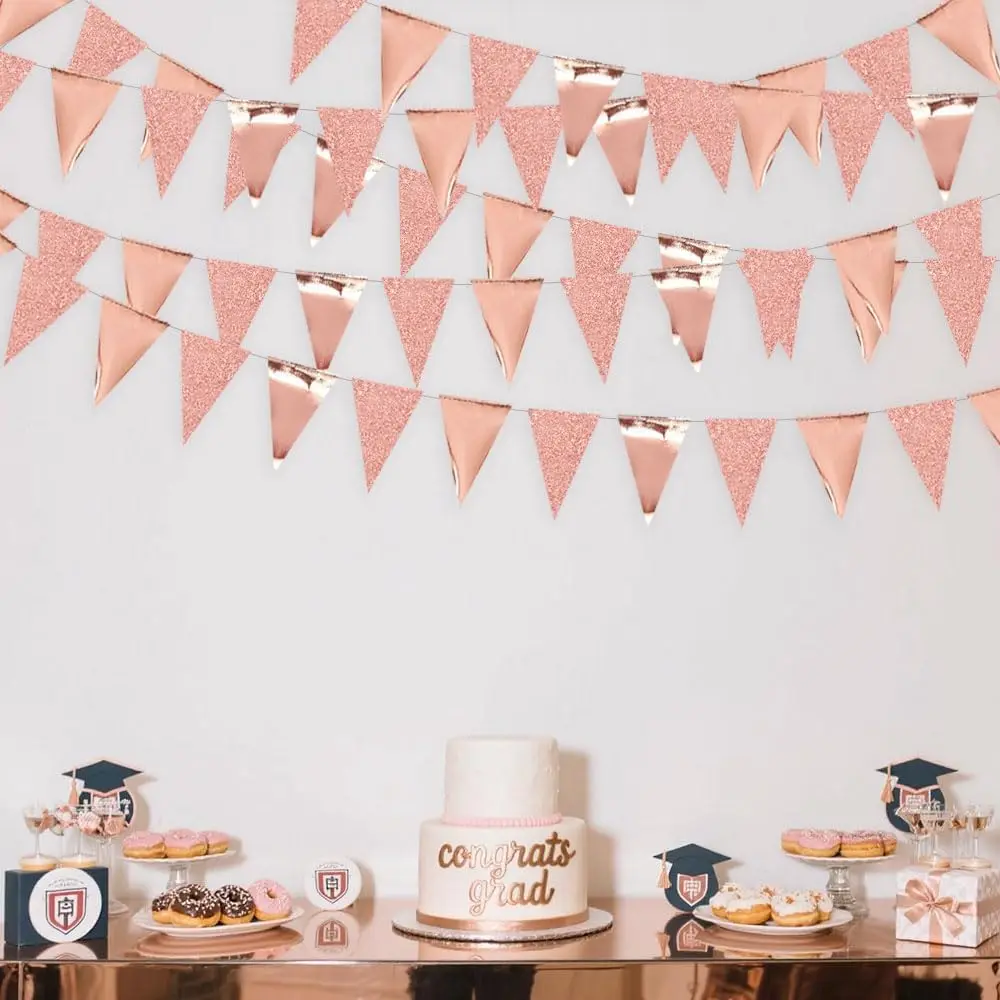 Decoração de festa em ouro rosado, faixa triangular rosa para formatura, casamento, chá de panela, suprimentos para festa de aniversário