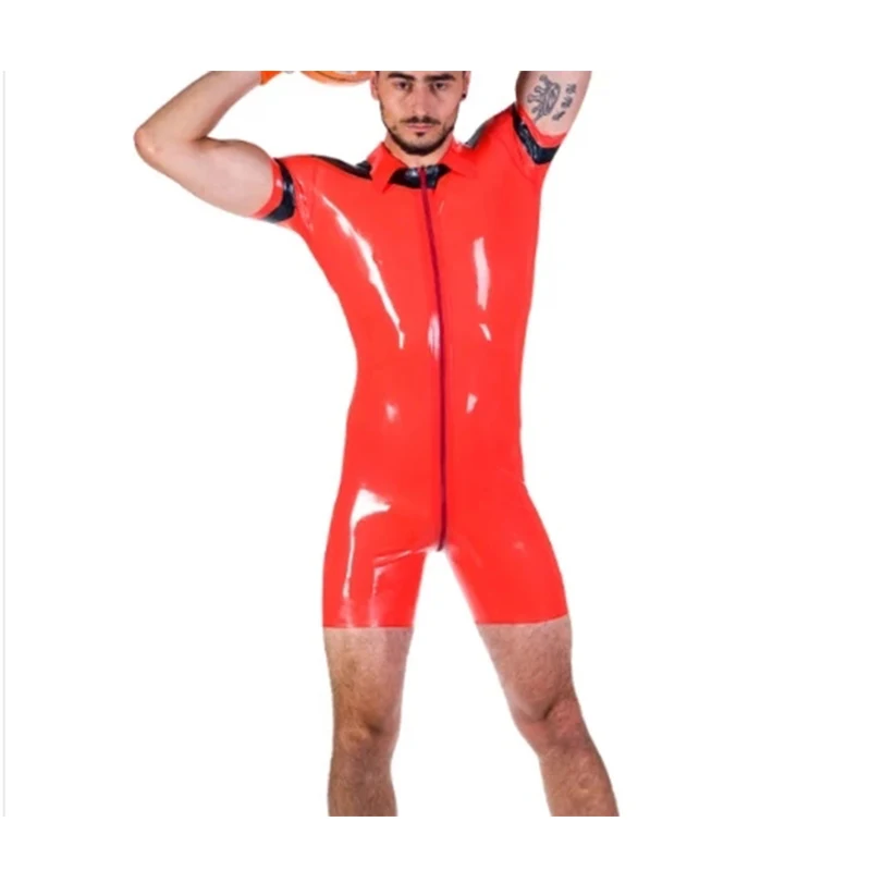 Catsuit de látex hecho a mano para hombre, fetiche, cremallera frontal, color negro con rojo, 0,4mm, talla de goma, XXS-XXL