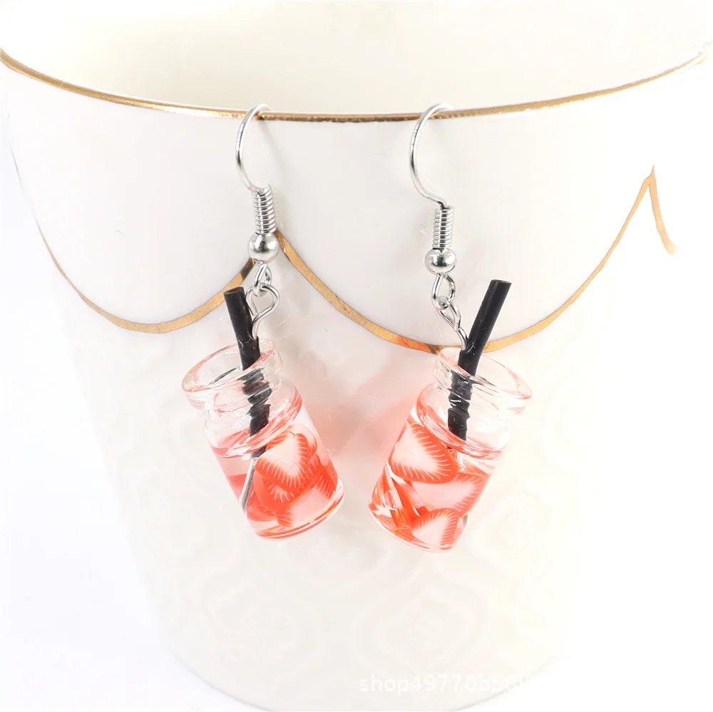 12 Styles Cute Milk Tea Fruit Acrylic Resin Pendant Dangle Earrings for Women Funny Juice Beverage Bottle Brincos Wholesale Gift