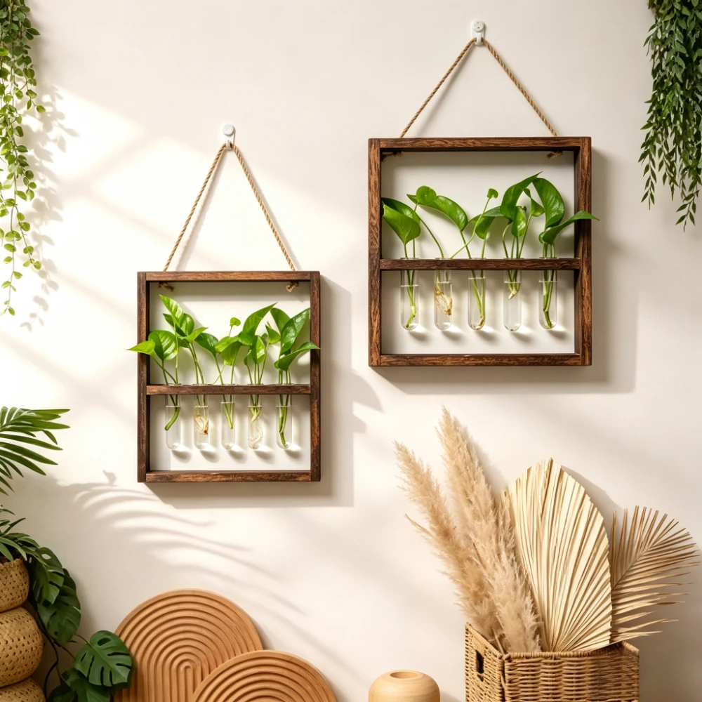 Modern Wall Hanging Plant Vase Wooden Frame Glass Test Tube Planter Propagation Hydroponic Plants for Home Office Decor
