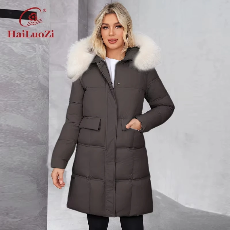 HaiLuoZi 2024 New Women's Winter Coat Warm Hooded Thickened Bio Cotton Coat Solid Color Large Pockets Women's Coat626