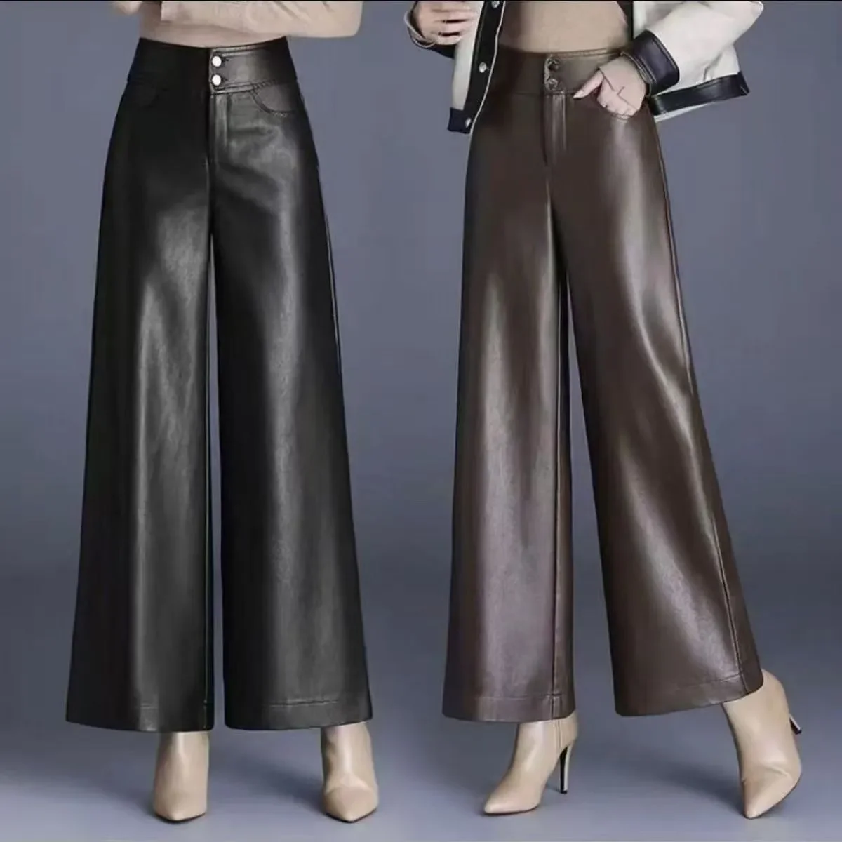 2025 Women's Leather Pants Thick High Waist Loose Wide Leg Slim Fit Fashionable Autumn Winter Pants
