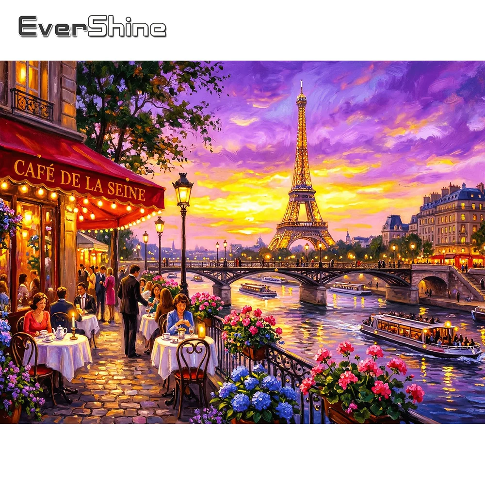 Evershine Diamond Mosaic Street Landscape Cross Stitch Painting Tower Pattern For Adults Beginners Embroidery Bridge Home Decor