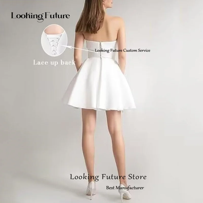 Simple Mini White Wedding Dresses Pleated A Line Strapless Wedding Gown Sleeveless Sexy Backless Lace Up Short Customized 2025