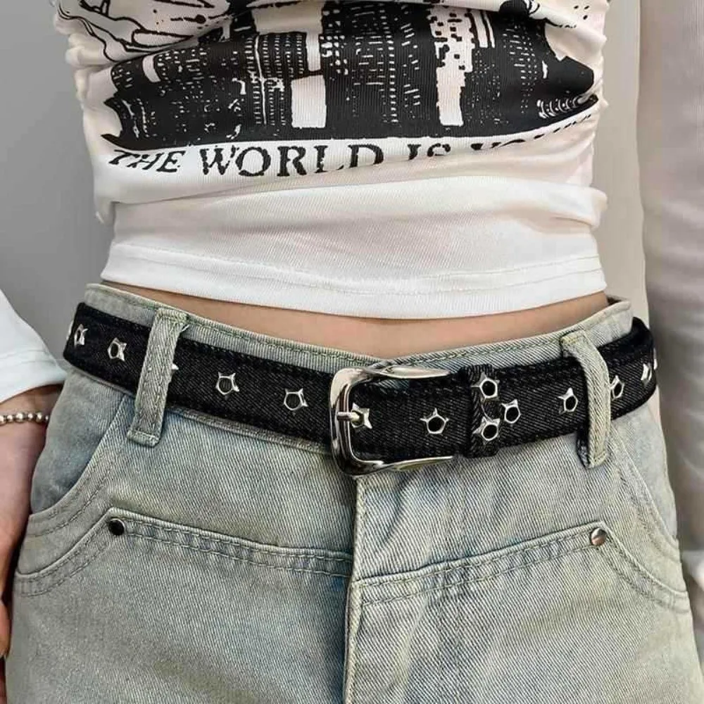 

Star Hollowed Pin Buckle Retro Jeans Belt Korean Style Harajuku Metal Buckle Belts Hip Hop Aesthetic Denim Belt