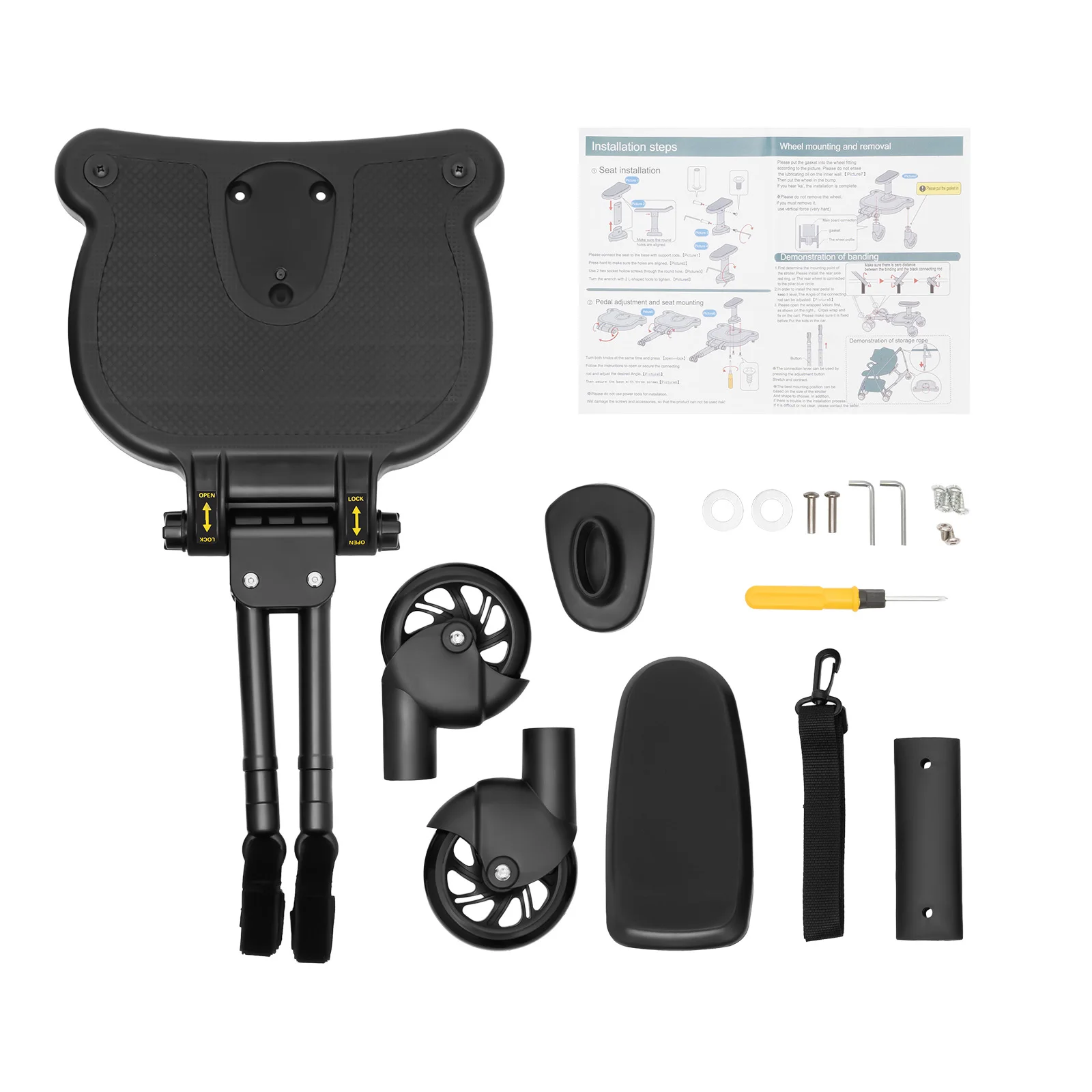 

Baby Stroller Board with Detachable Seat-3-7 Years, 55.11lbs Load, Adjustable Length/Height, 360° PU Wheels, 2-in-1 Stand/Sit