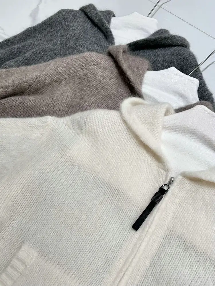 

Женский осенне-зимний новый кашемировый кардиган с капюшоном на молнии, свитер, куртка