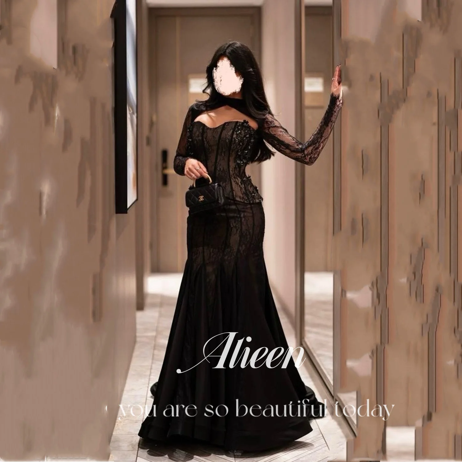 

Aileen Customized Women's Evening Dress Mermaid Black Elegant Party Dresses 2025 فساتين سهرة Lace Vestidos De Festa Long Sleeves