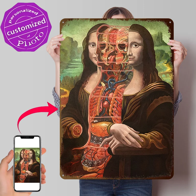 Mona Lisa Dissect 3D Texture Metal Poster Customized Wall Art Tin Sign Gift for Mancave Room Decoration Garage Accessories Decor