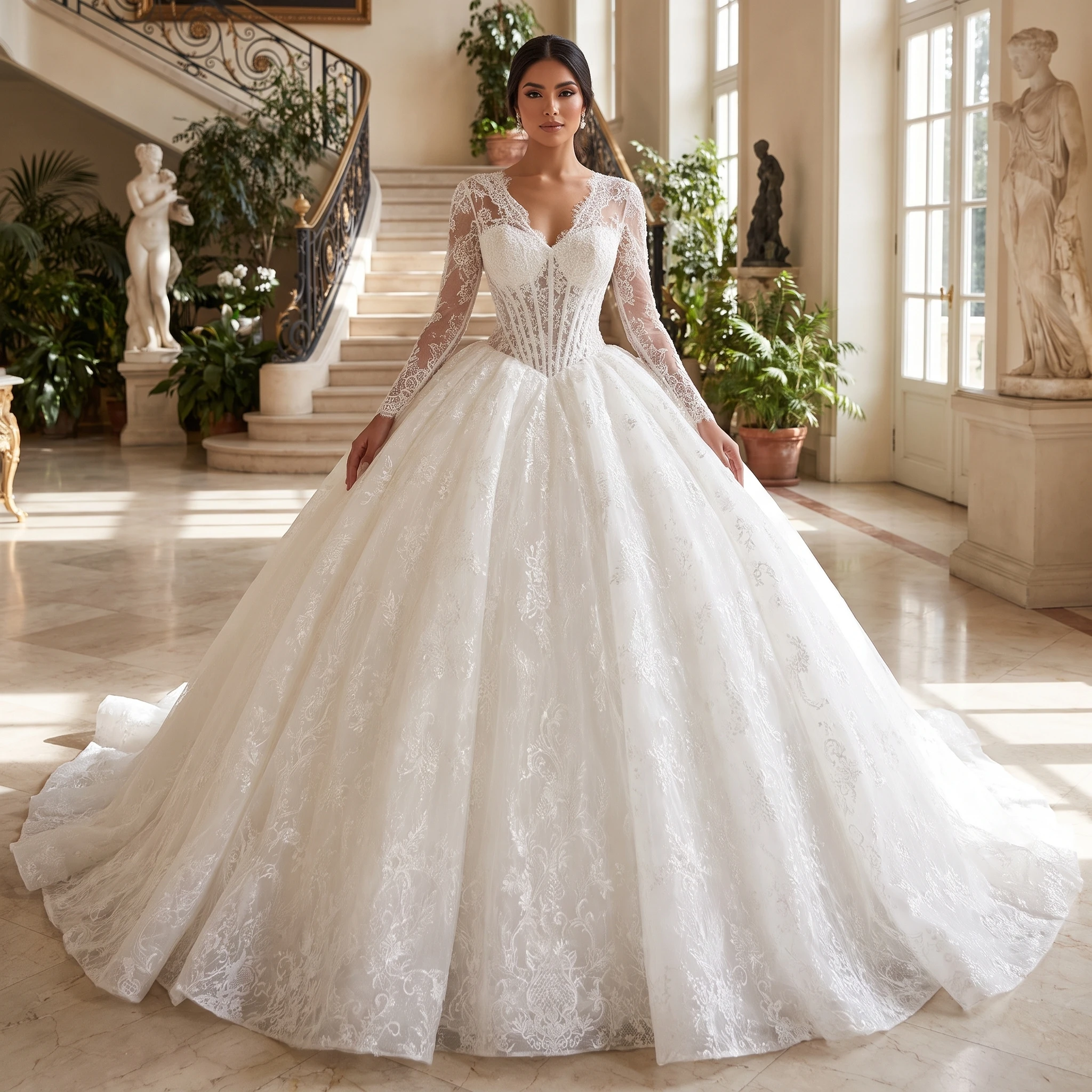 Customized Luxury Ball Gown Long Sleeve Organza V-neck Wedding Dresses Lace Promotion vestidos de novia boda Court Train
