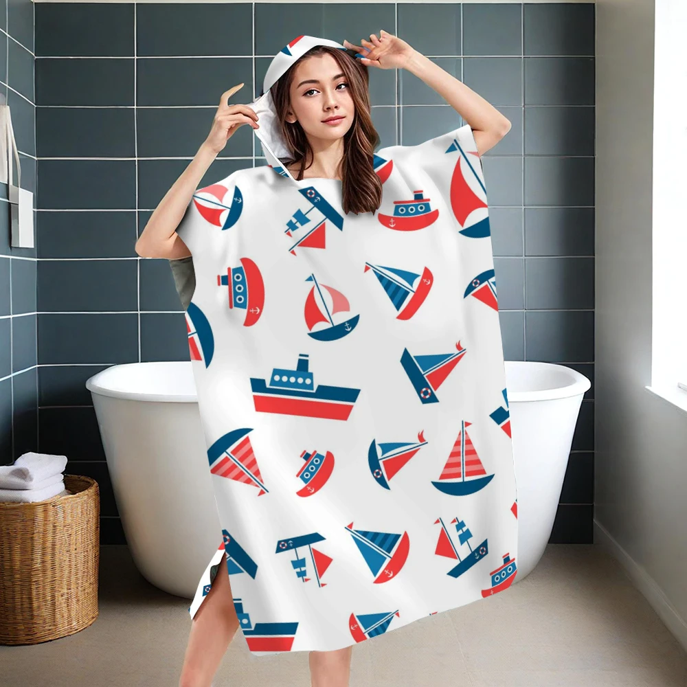 Boat Print Hooded Bathrobe Soft Microfiber Quick Dry Beach Towel Robe for Adults Kids