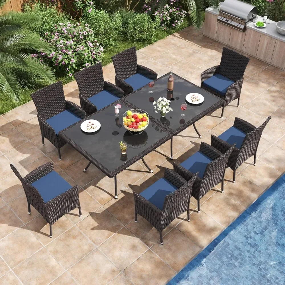 

10 Piece Patio Dining Set,w/Tempered Glass Tabletop, Removable Cushions ,All-Weather Wicker Outdoor Patio Furniture Sets