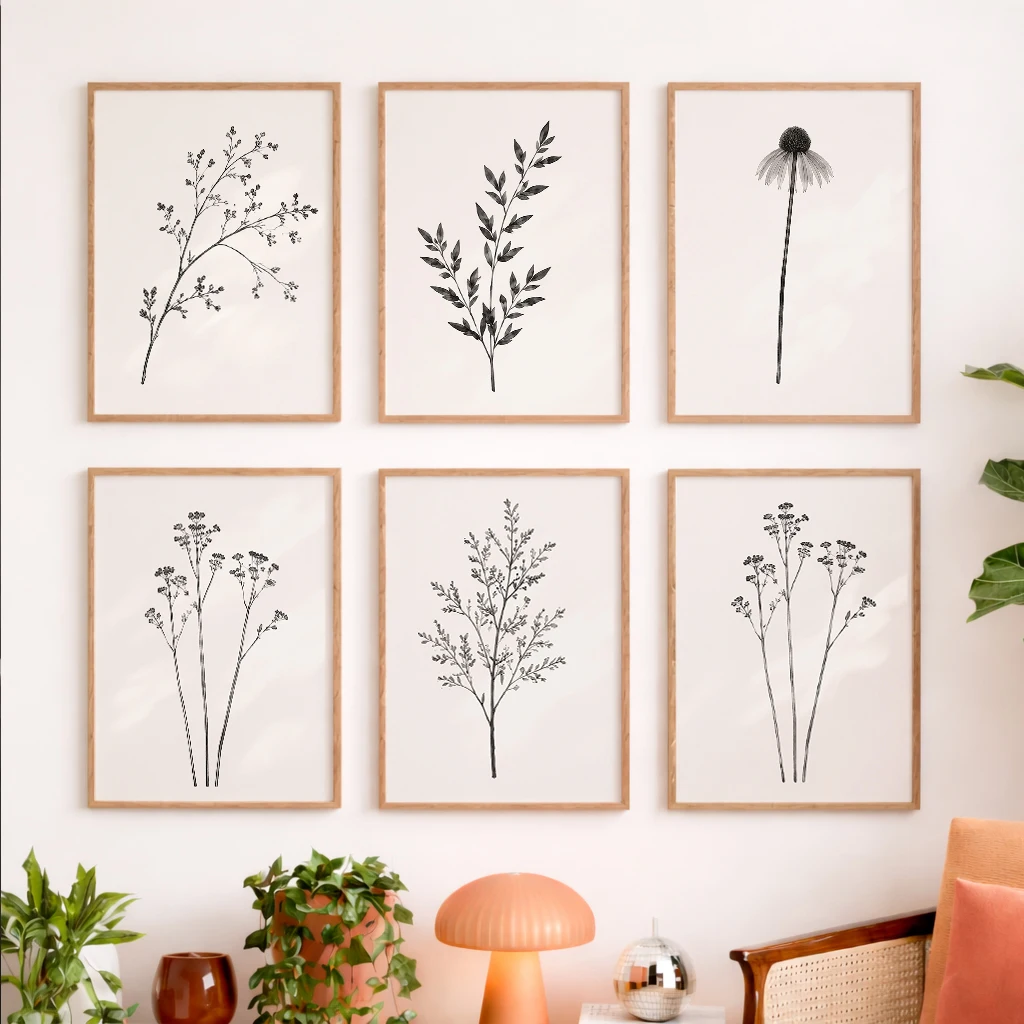 Set of 6 Botanical Line Leaves Branches Minimalist Black White Wildflower Leaf Daisy Minimalist Botanical Line Canvas Poster