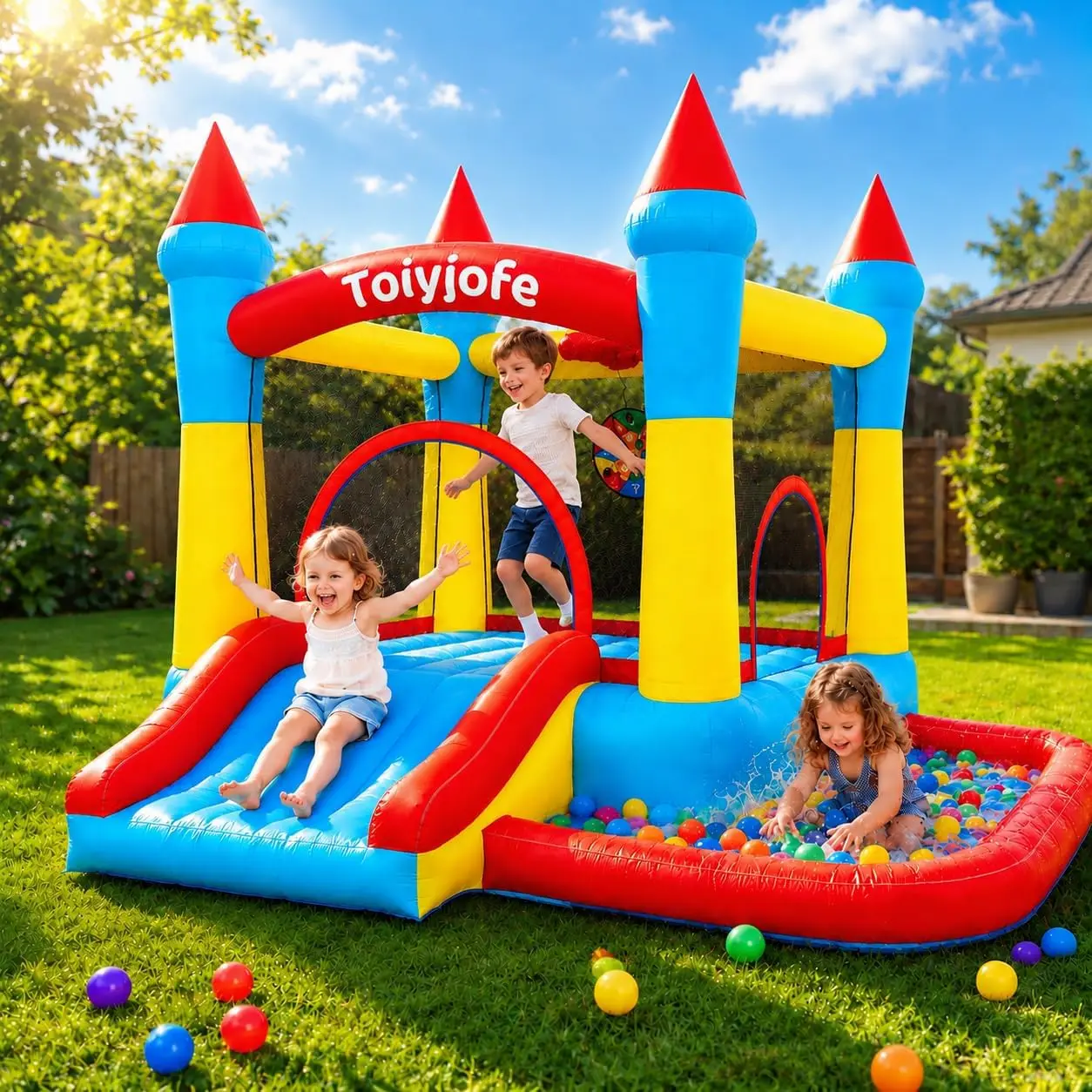 Bounce House for Kids 3-6, Toddler Indoor Outdoor Inflatable Bouncy Castle | 5-in-1 Small Jump House with Slide & Ball Pit & Hoo