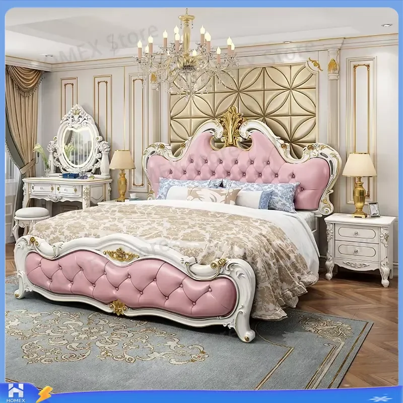 Luxury European Castle Bed King Size Princess Theme Bedroom Furniture Unique Platform Bed Frame Double Bed for Adults Home