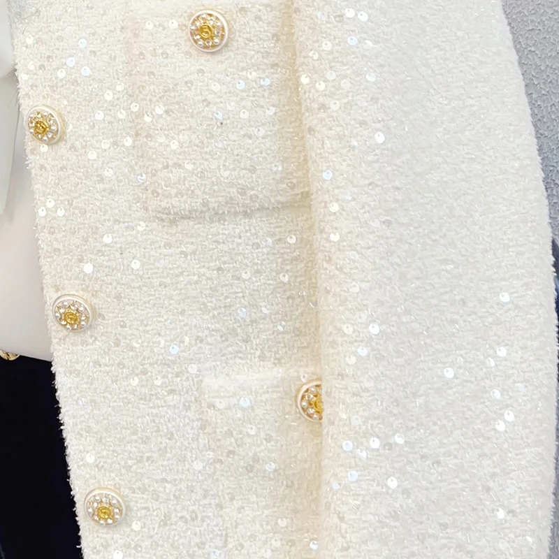 Luxury White Tweed Jacket Sparkly Sequins Gold Buttons O-Neck Cropped Blazer Coat 28506 view 6
