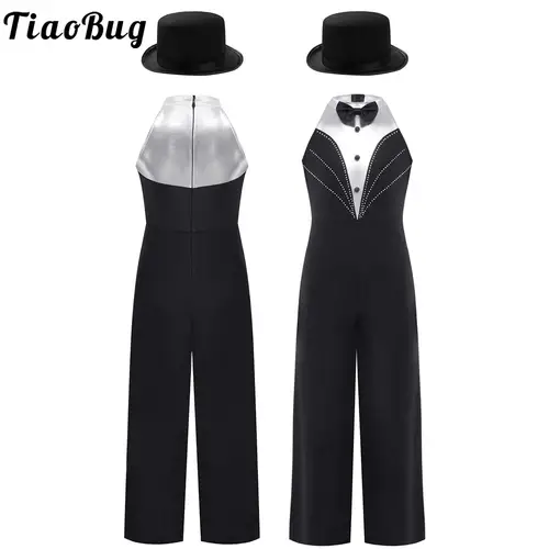 Traje de baile de Jazz para niñas, mono de esmoquin sin mangas con pajarita, mono completo, traje de actuación de Ballet latino de retales metálico