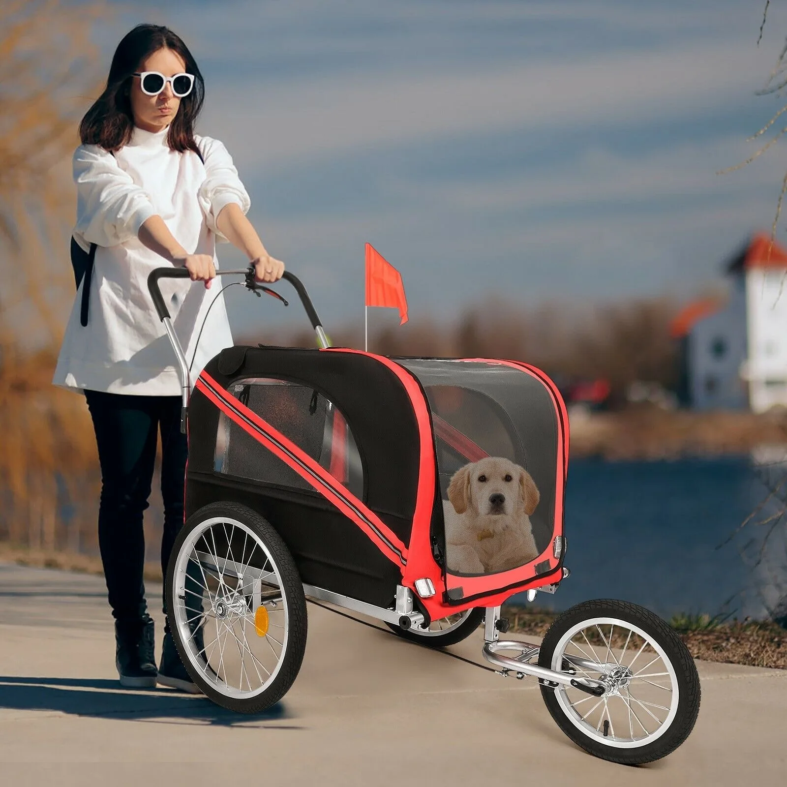 US  2 in 1 Pet Bicycle Trailer Foldable Dog Cat Bike Travel Stroller Carrier