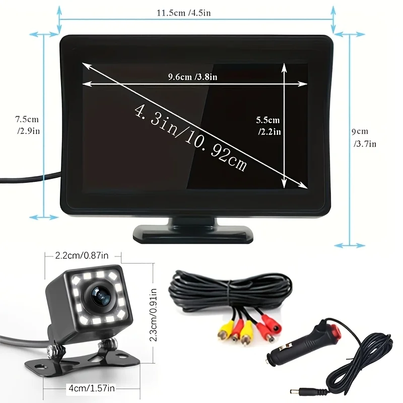 10.92cm HD Monitor Backup Camera System with Backup Reverse Camera, Featuring a Plug & Play Design And 12 LED Night Vision
