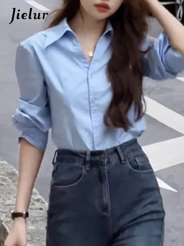 

Jielur, новая весенняя однотонная тонкая женская рубашка, французская повседневная свободная модная женская рубашка, синий простой базовый топ с длинными рукавами, женский
