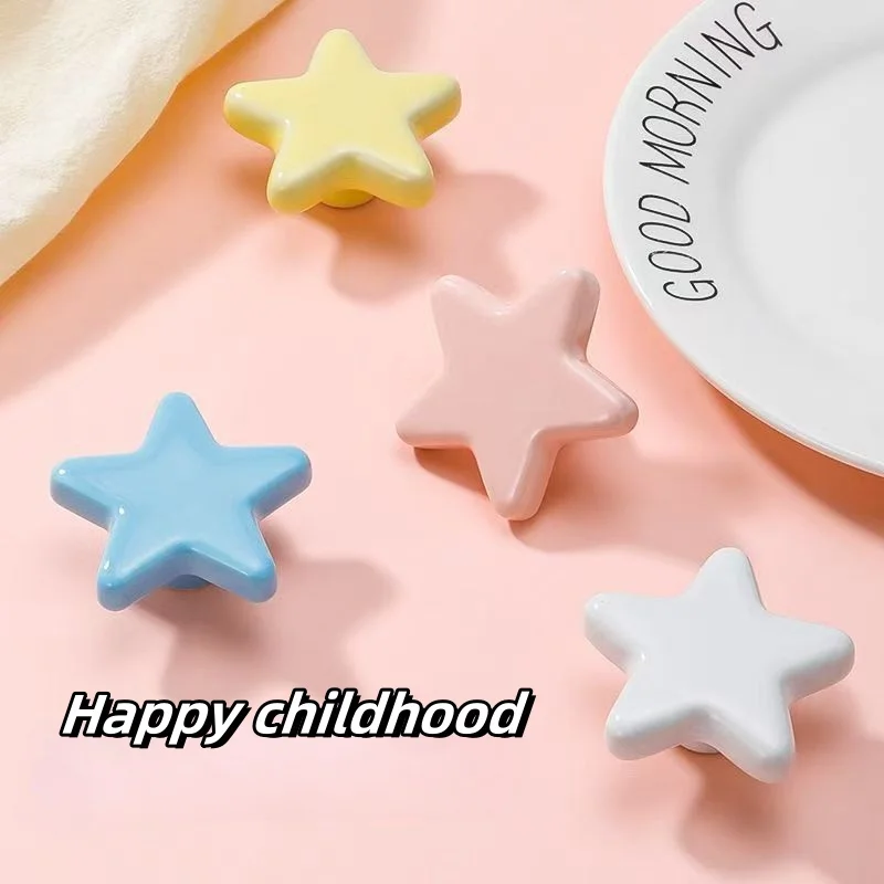 4Pcs Ceramic Star Furniture Handle White Pink Drawer Door Knob Wardrobe Cupboard Closet Handles Pulls For Children's Room Diy