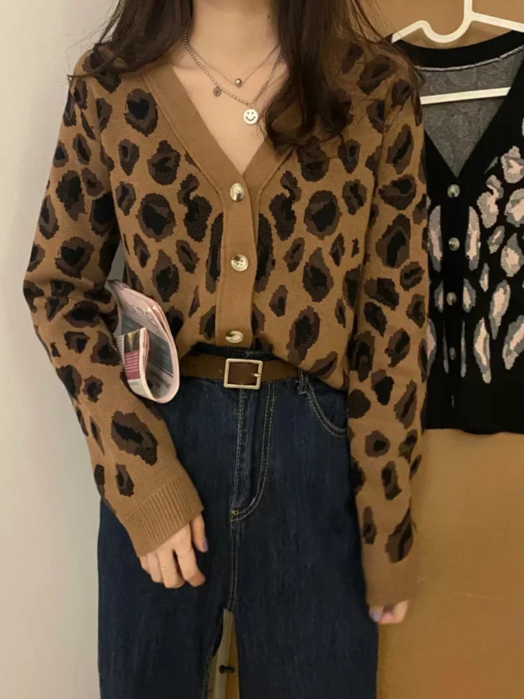 Women\'s Spring Autumn Cardigans Korean V-neck Cardigan Top Leopard Loose Slim Long Sleeve All-match Sweaters Female Tops PL437