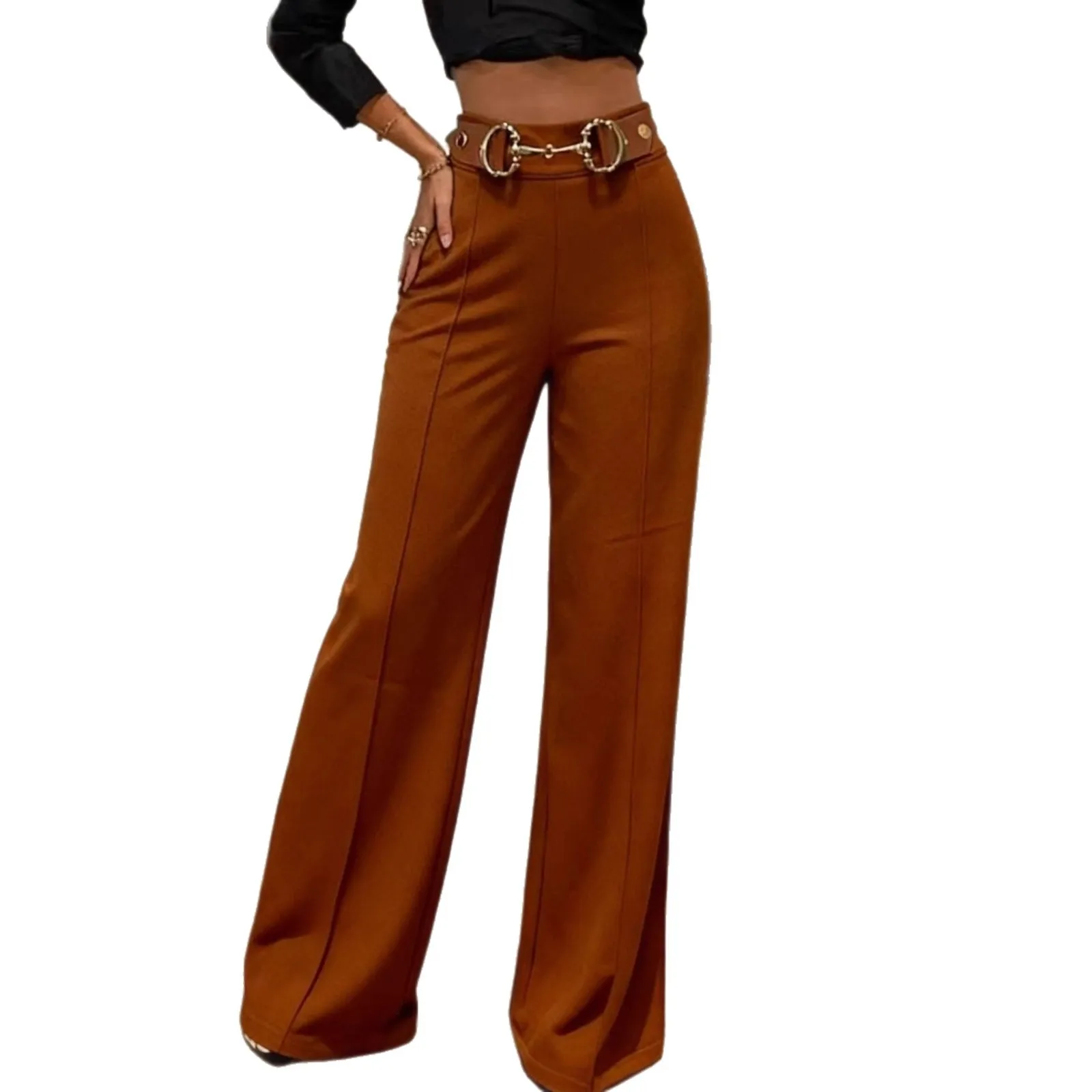 High Waist Metal Bule Wide Leg Pants Faionable Drapey Slimming Straight Leg Casual Pants for Women Commute Sle