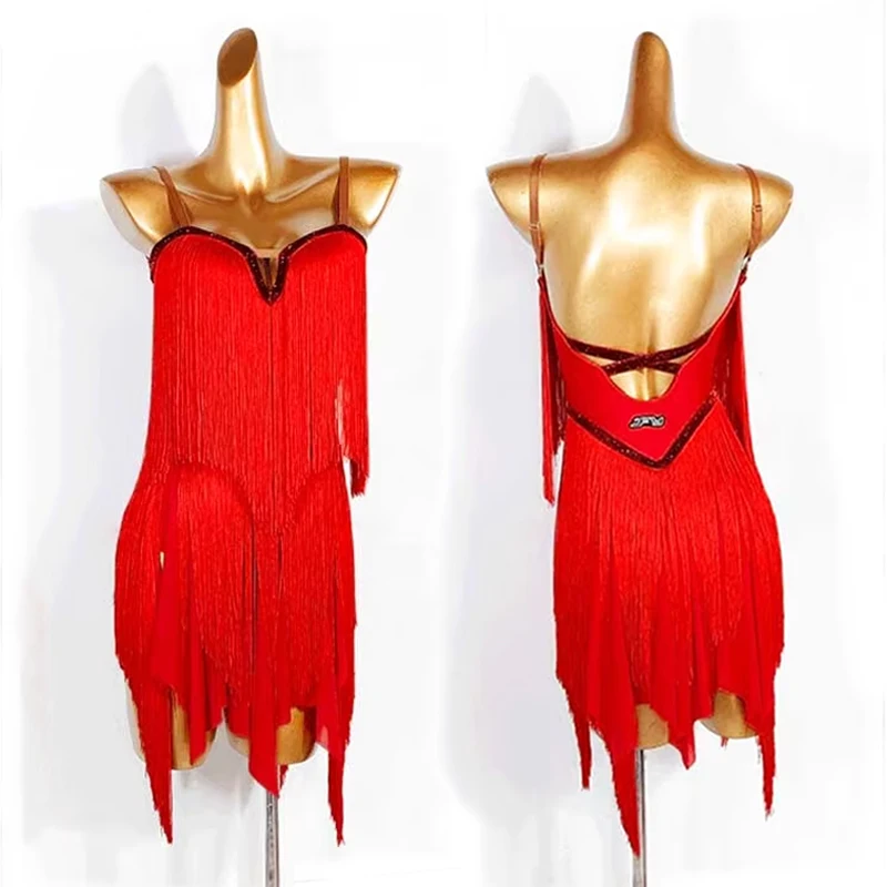 فساتين النساء اللاتينية الرقص هامش مثير الأحمر فستان بكتافة المنافسة اللاتينية أداء المرحلة ارتداء تشا تشا سامبا الرقص الزي 1704