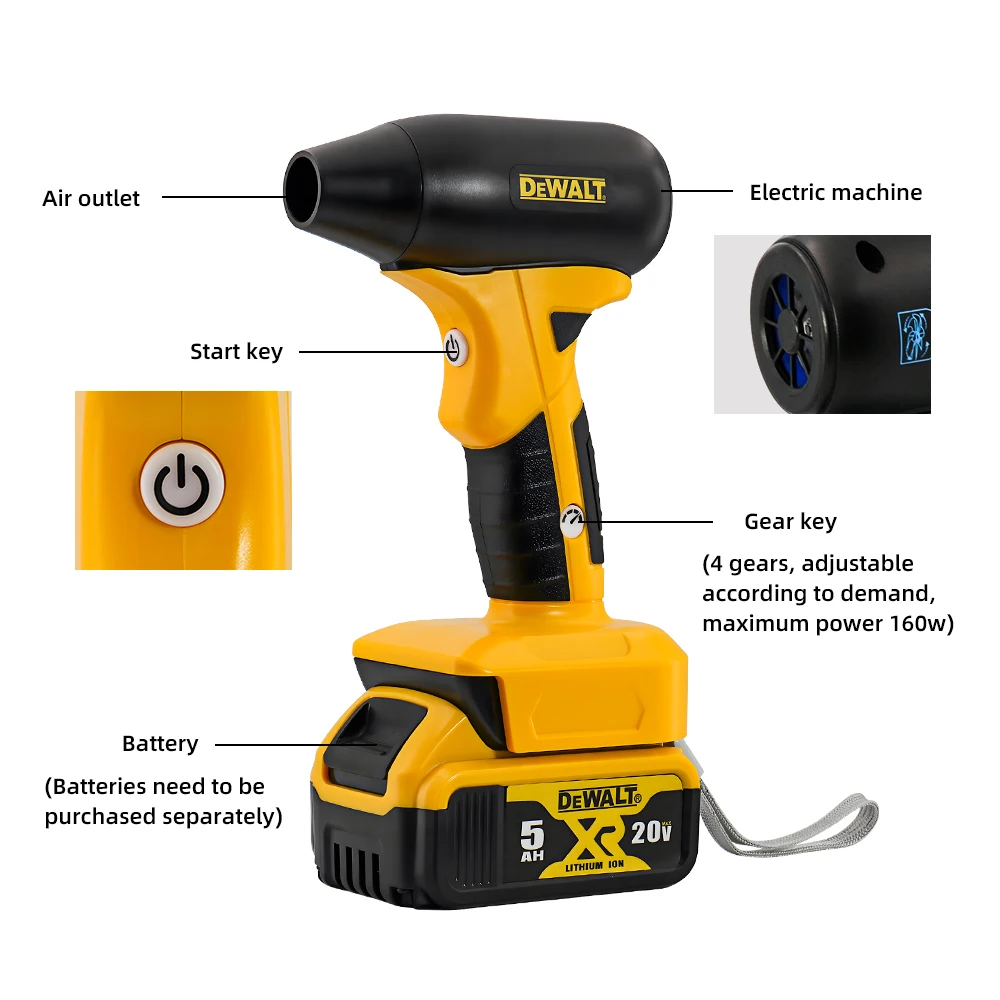 Dewalt 20V Batterie 130000 RPM Mini Turbo Jet Fan Electric Air Duster Einstellbare Windgeschwindigkeit Turbo Violent Blower Light CarCleaning