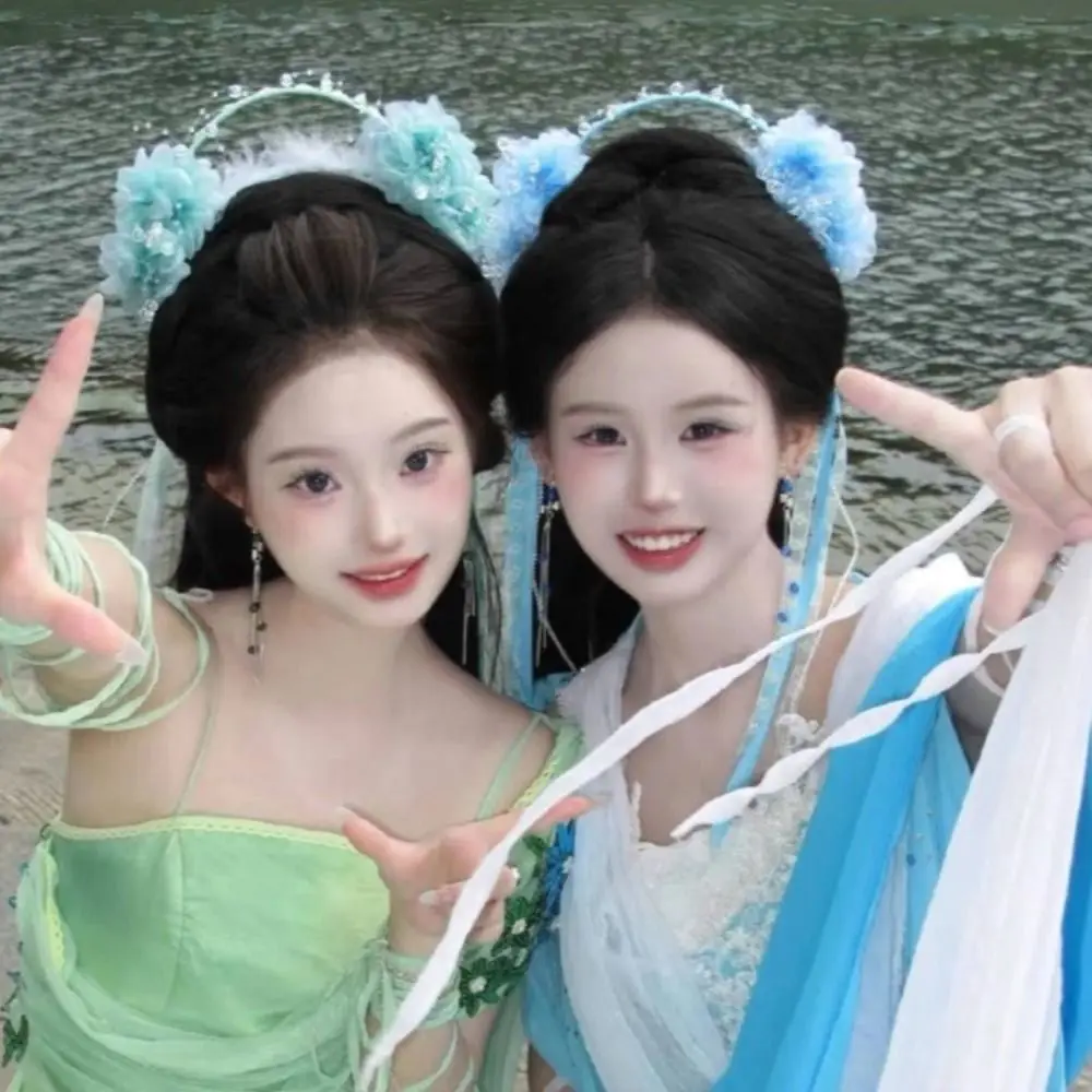 Kawaii Feather Flower Headband Seven Fairy Bead Tassel Hair Hoop Ancient Elf Hanfu Hair Accessories Cosplay