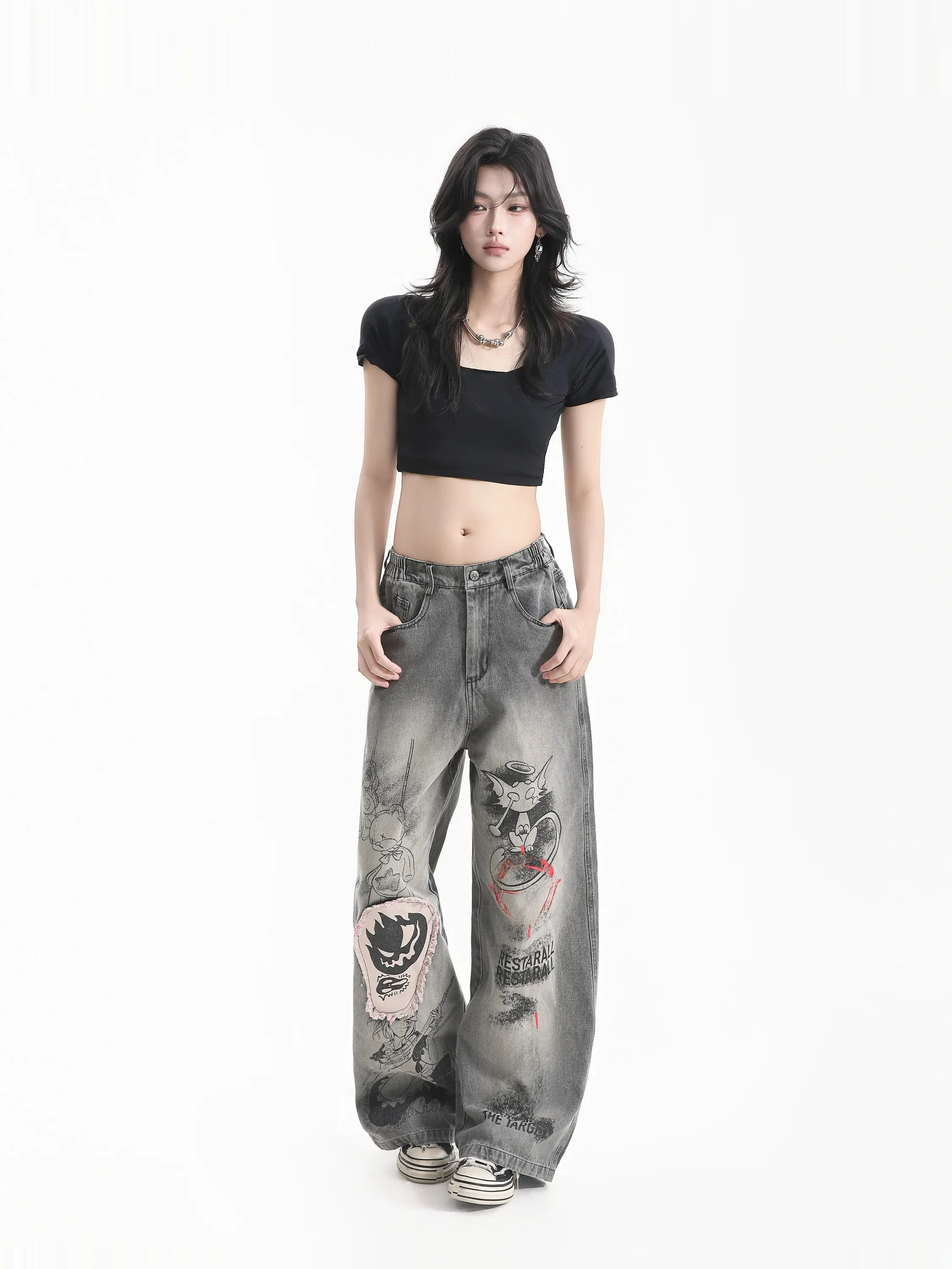 Small Ball High Street Cartoon Graffiti Wide Leg Jeans Women's Gradient Devil Patch Couple Drapey Floor-Length Pants