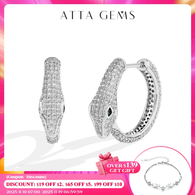 

ATTAGEMS 925 Silver Snake Earrings D Color VVS1 Full Moissanite Hoop Studs For Women Man Party Engagement Jewelry Accessories