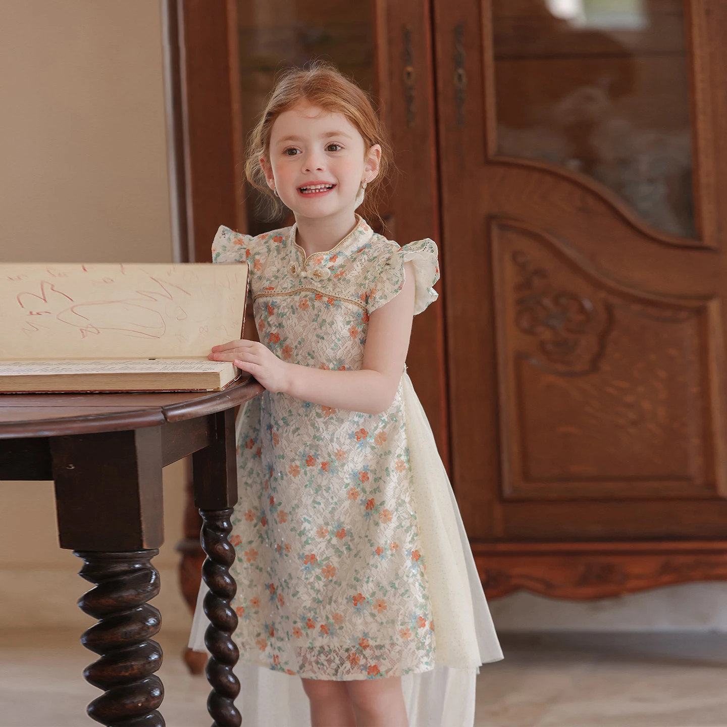 Girls Chinese Style Floral Dress Mandarin Collar Butterfly Sleeve Mesh Princess Outfit for Toddler Kid A Line Summer Party Dress