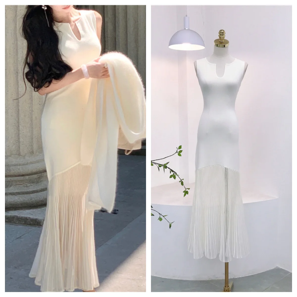 

2025 White Dress Round Neck Stacked U-neck Sleeveless Waist Ice Silk Perspective Splicing Yarn Fishtail Skirt Long Dress