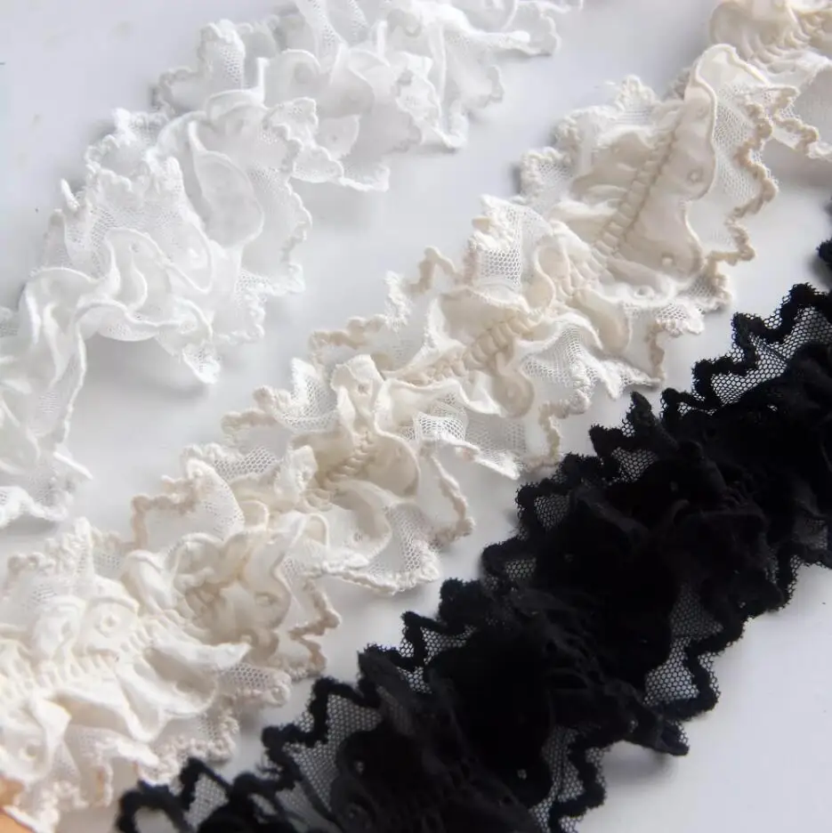 New 5cm 1yards/lot Customized Black/White/Beige Mesh and Cotton Lace 2Layer 3D Pleated Lace Trim Materials X002