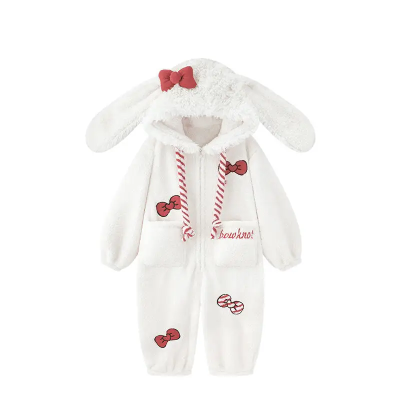 Cute Rabbit One-Piece Fleece Pajamas Women's Winter Thickened Fleece-Lined Red Bow Homewear Fashionable Girls' Winter Robe