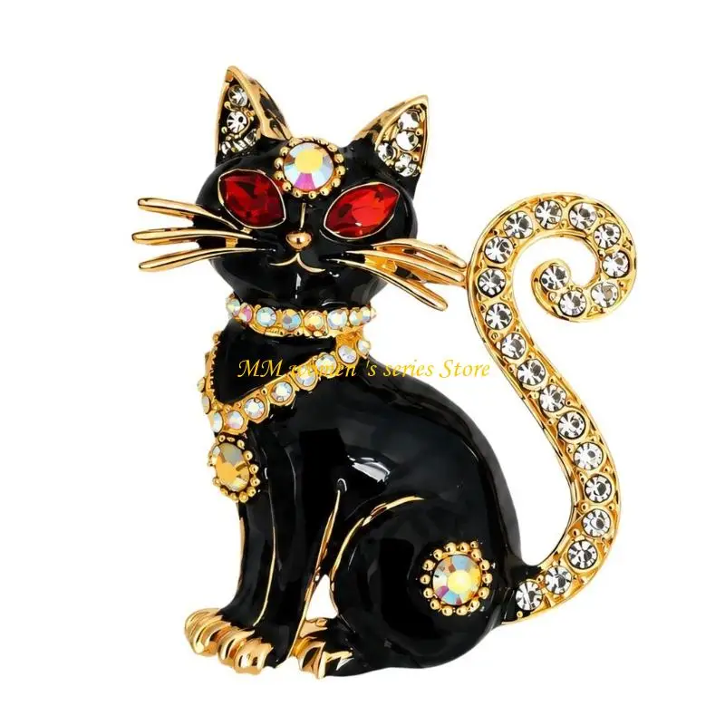 Q39C Pin-Back Black Cats Brooch with Sculpted Whiskers, Collar, Curled Tail, and Sparkling for Everyday Wear, Date