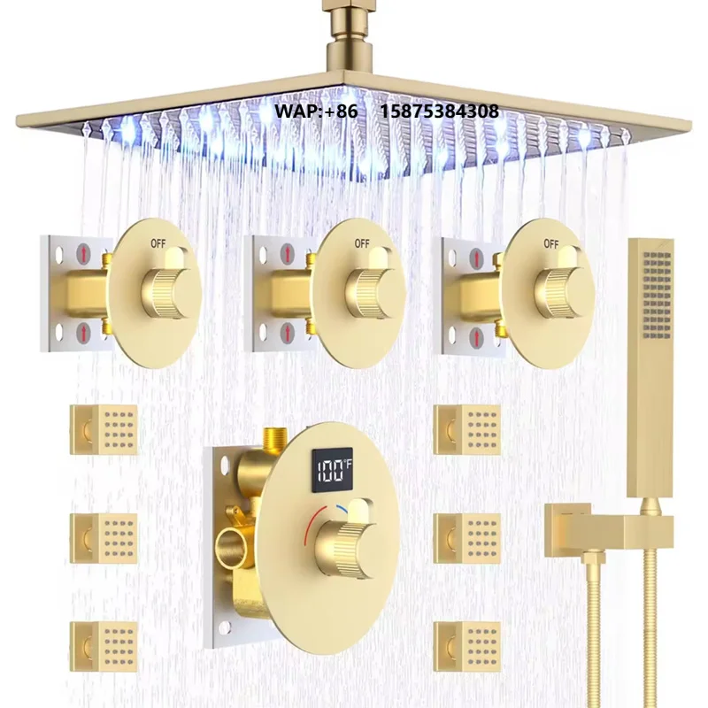 Kaiping Brushed Gold Luxury Concealed Digital Thermostatic Bathroom Led Shower Set System Brass